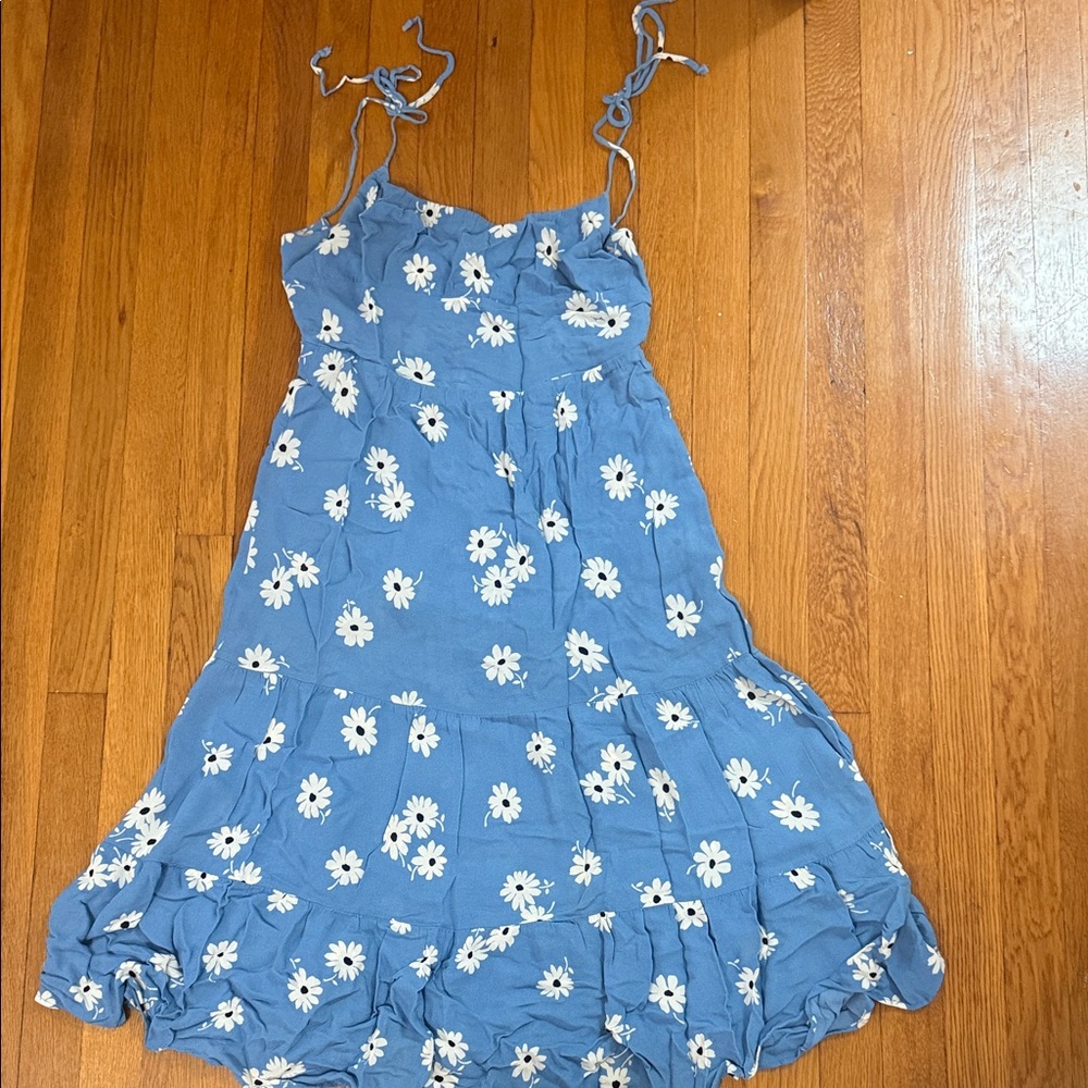 Reformation Blue Dress with White Floral Design